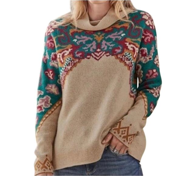 Sundance Sweaters - SUNDANCE Sz L Journey East Mockneck Pattern Wool Funnel Neck Long Sleeve Sweater